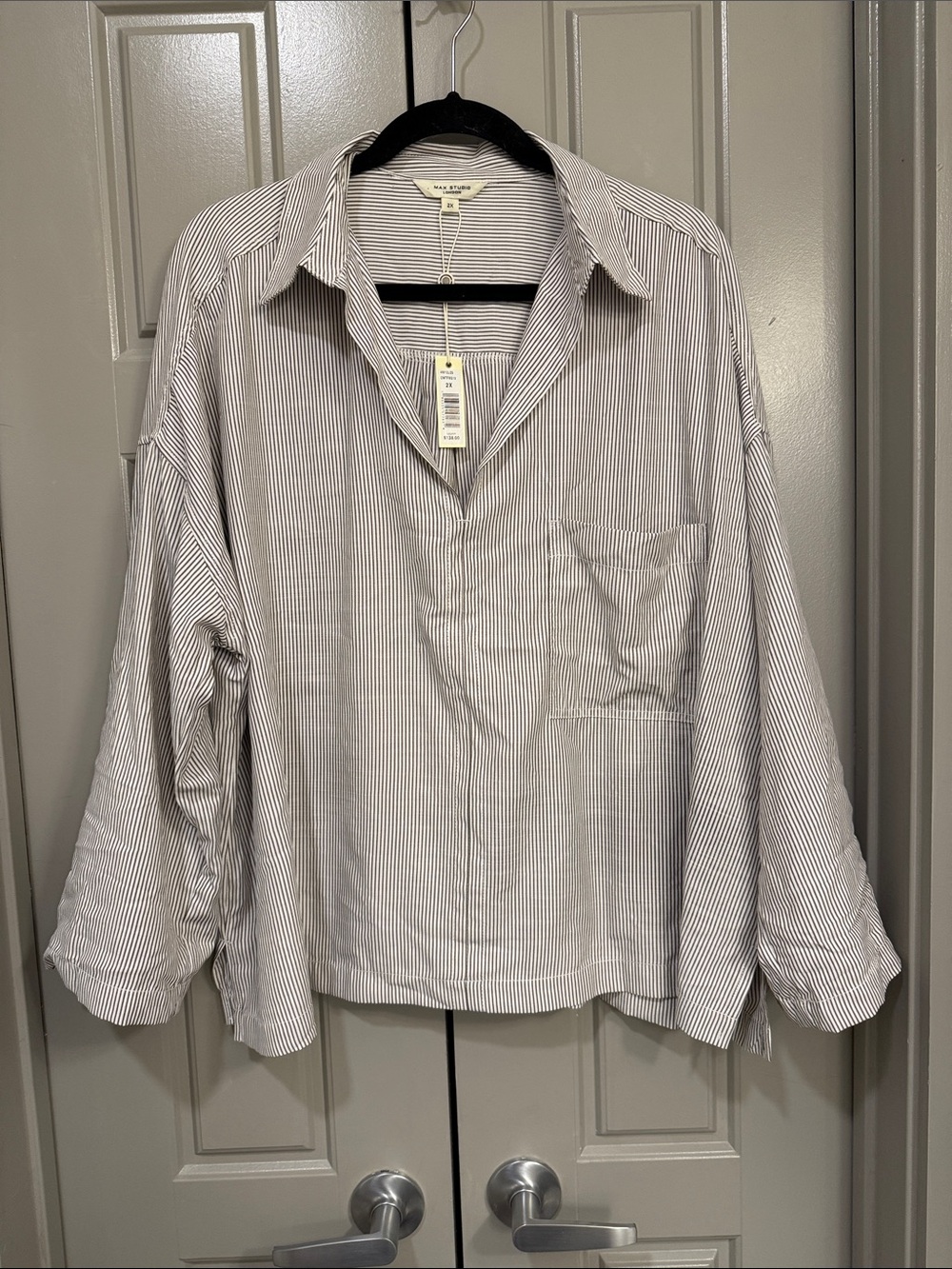 Max Studio Women's Pinstripe V-Neck Collared Blouse Grey White Stripe - Size 2X